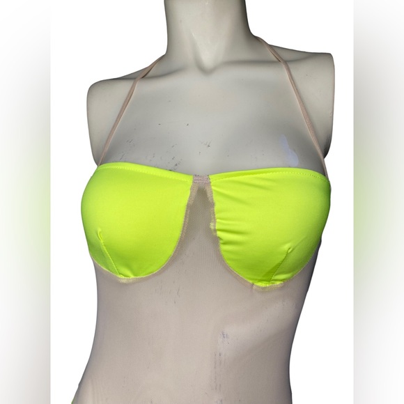 C.BRIDGETT Sexy Neon Yellow & Nude Sheer Mesh Color Block Halter Dress Cover Up - Picture 9 of 14